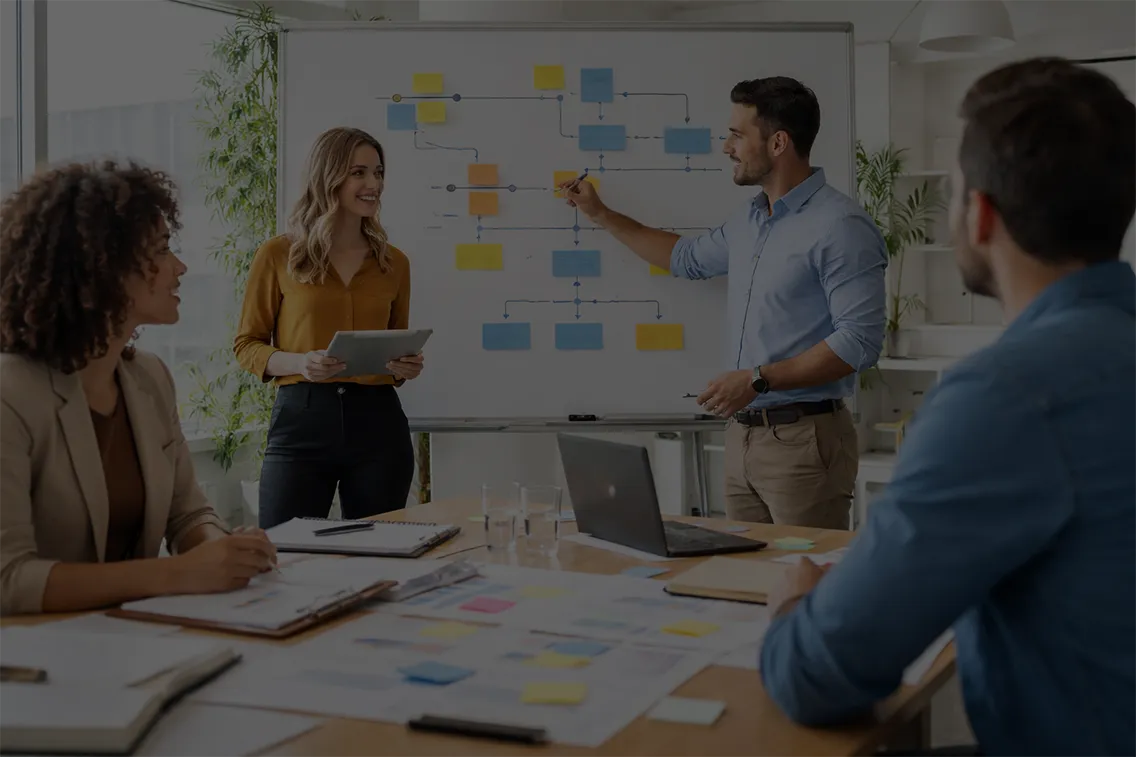 Team in riunione davanti a una lavagna con schema di lavoro per l’organizzazione aziendale