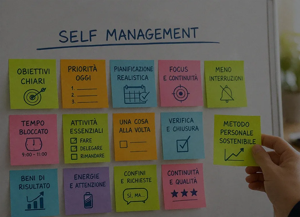 Lavagna con note su obiettivi, priorità, pianificazione e focus per il self management
